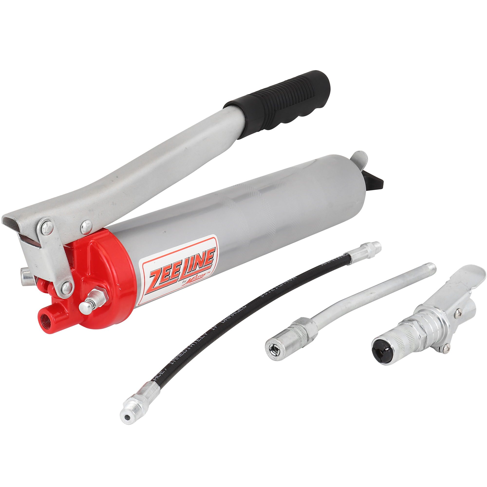 Zee Line Heavy-Duty Lever Action Grease Gun — 10,000 PSI, 14oz. Grease Cartridges, Primer Valve, Pipe & 12in. Whip Hose, HD Locking Coupler, Model# ZEHD4-LC